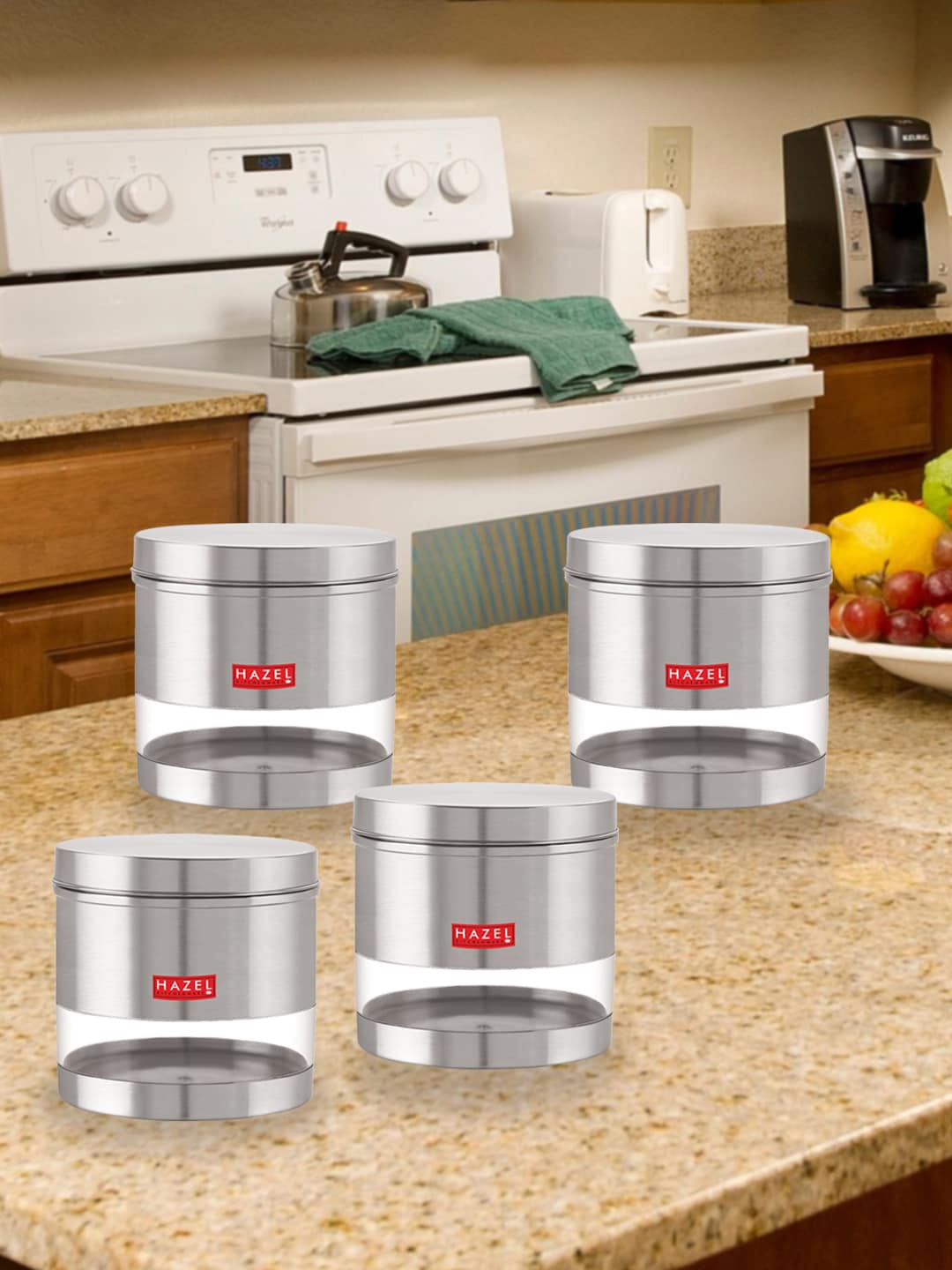 

HAZEL Set Of 4 Stainless Steel Transparent Kitchen Storage Jars 1.5 ltrs Each, Silver