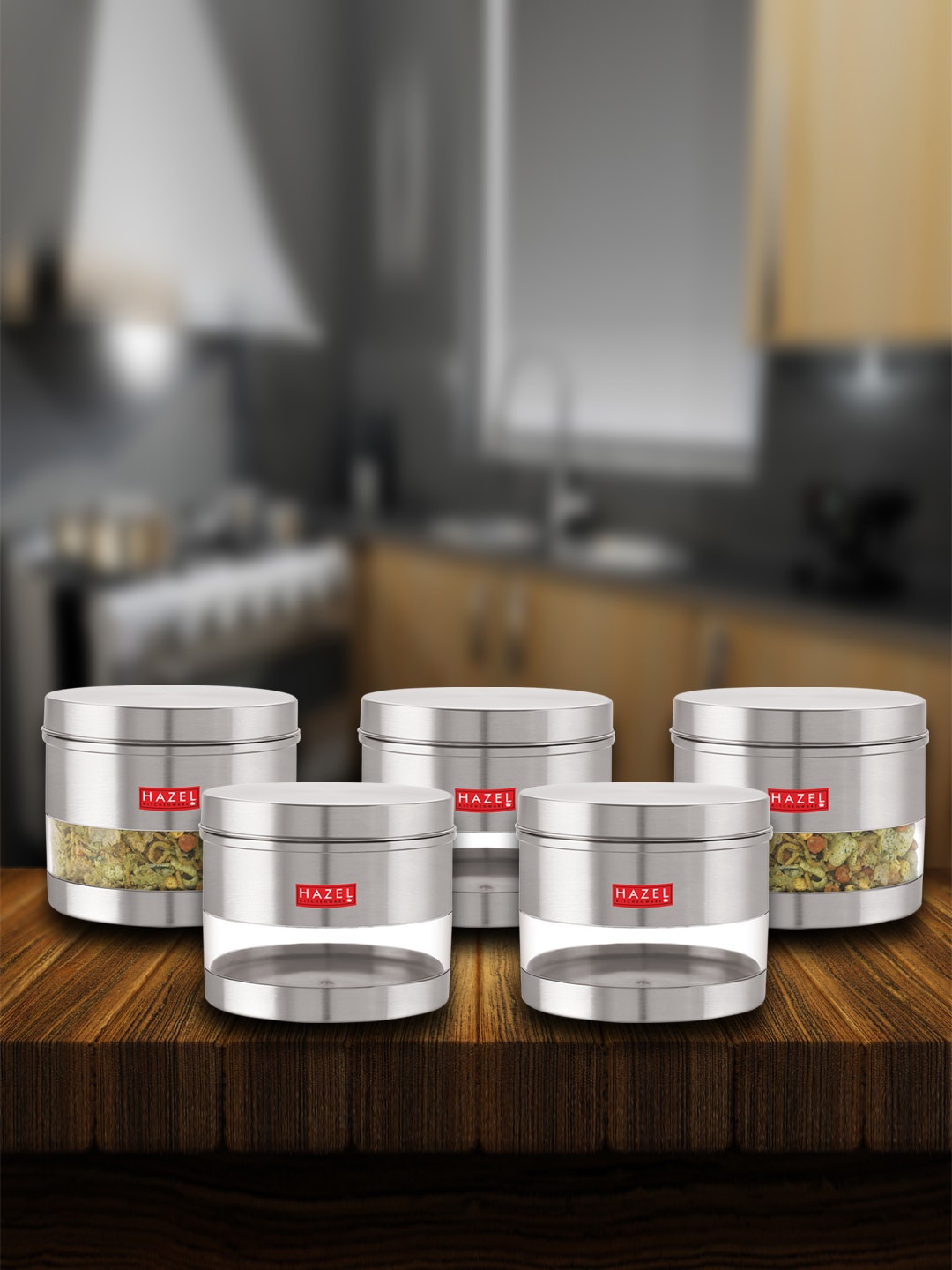 

HAZEL Set Of 5 Stainless Steel Hammered Finish See Through Storage Jars 1.1 L Each, Silver