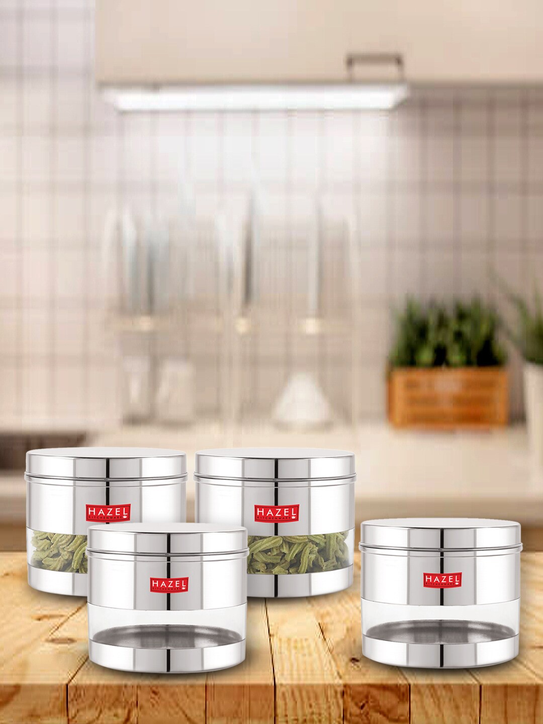 

HAZEL Set of 4 Stainless Steel Kitchen Storage Jars 1.1Each, Silver
