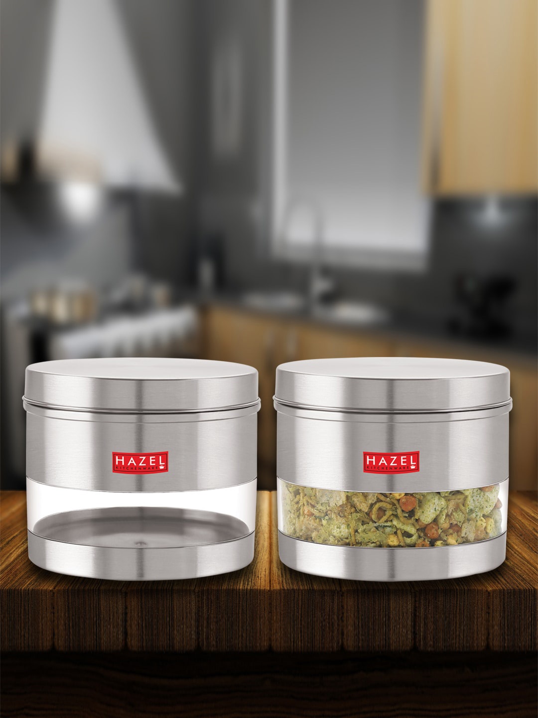 

HAZEL Set Of 2 Stainless Steel Hammered Finish See-Through Storage Jars 1.1 L Each, Silver