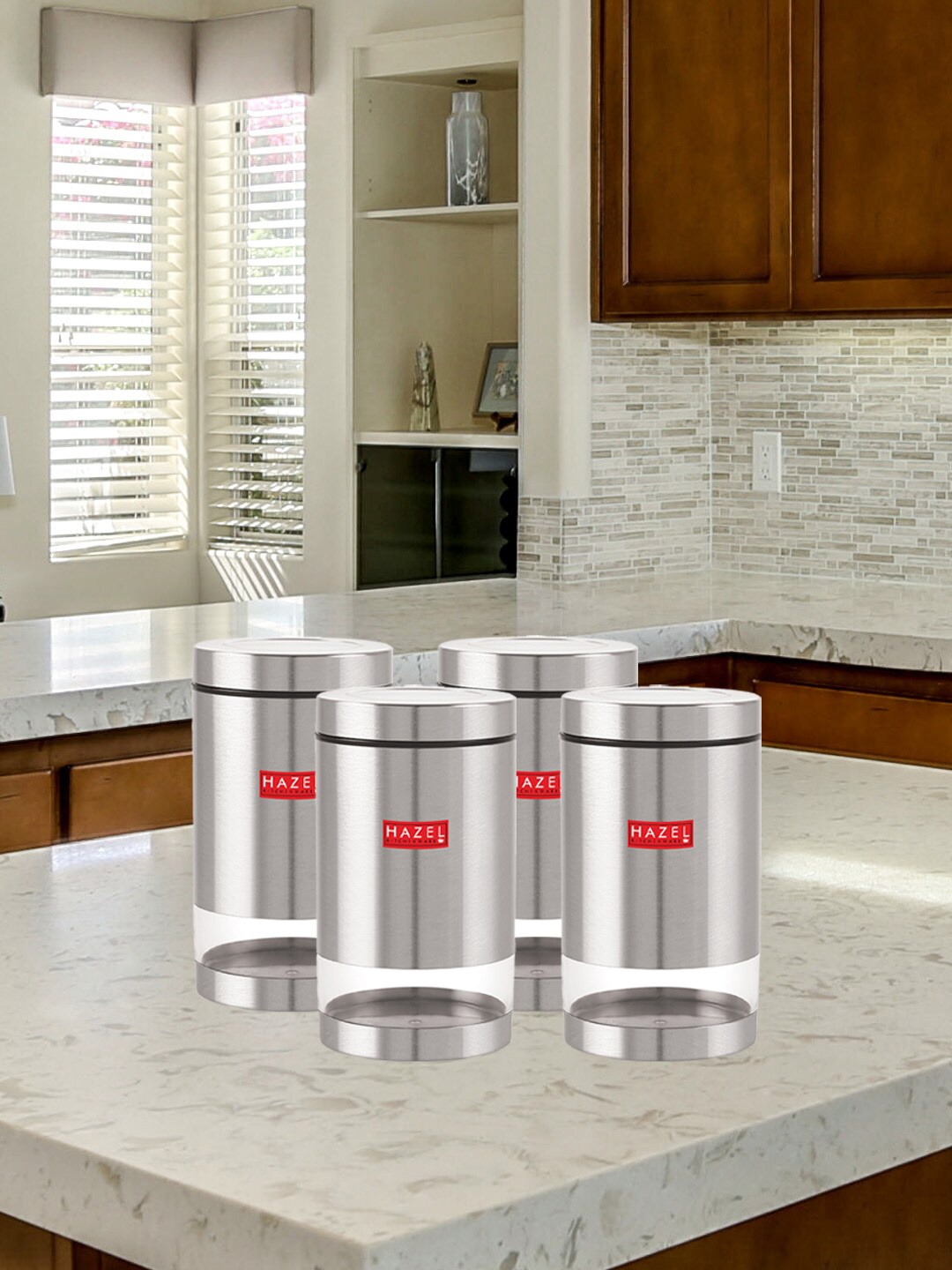 

HAZEL Set Of 4 Stainless Steel See Through Storage Jars 1.3 L Each, Silver