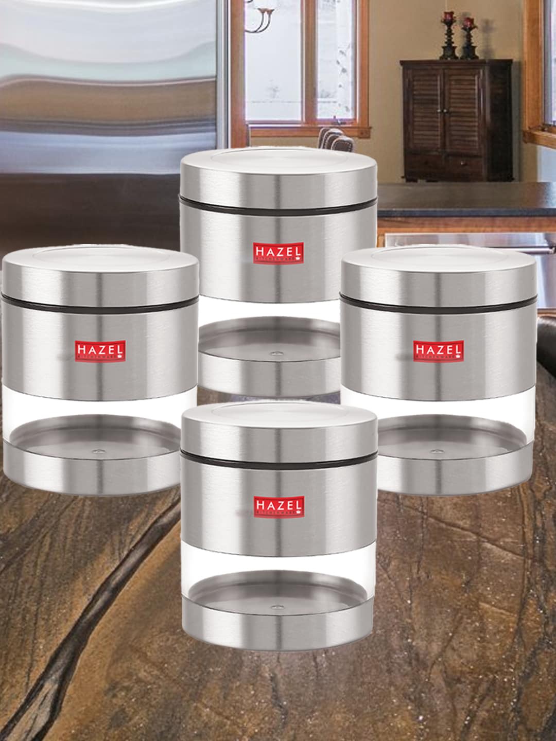 

HAZEL Set of 4 Stainless Steel Transparent See Through Storage Jars 800 ML Each, Silver