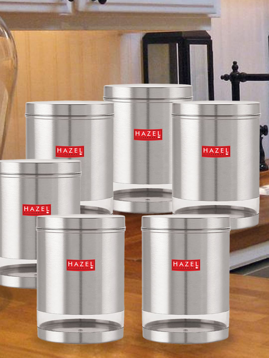 

HAZEL Set Of 6 Stainless Steel Containers Storage Jars 3 L Each, Silver