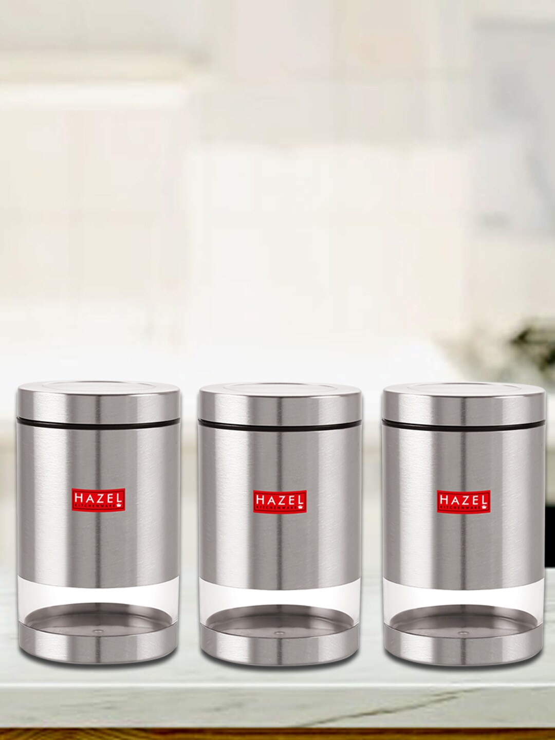 

HAZEL Set Of 3 Stainless Steel Transparent Dishwasher Safe Kitchen Storage Jars 1 L Each, Silver