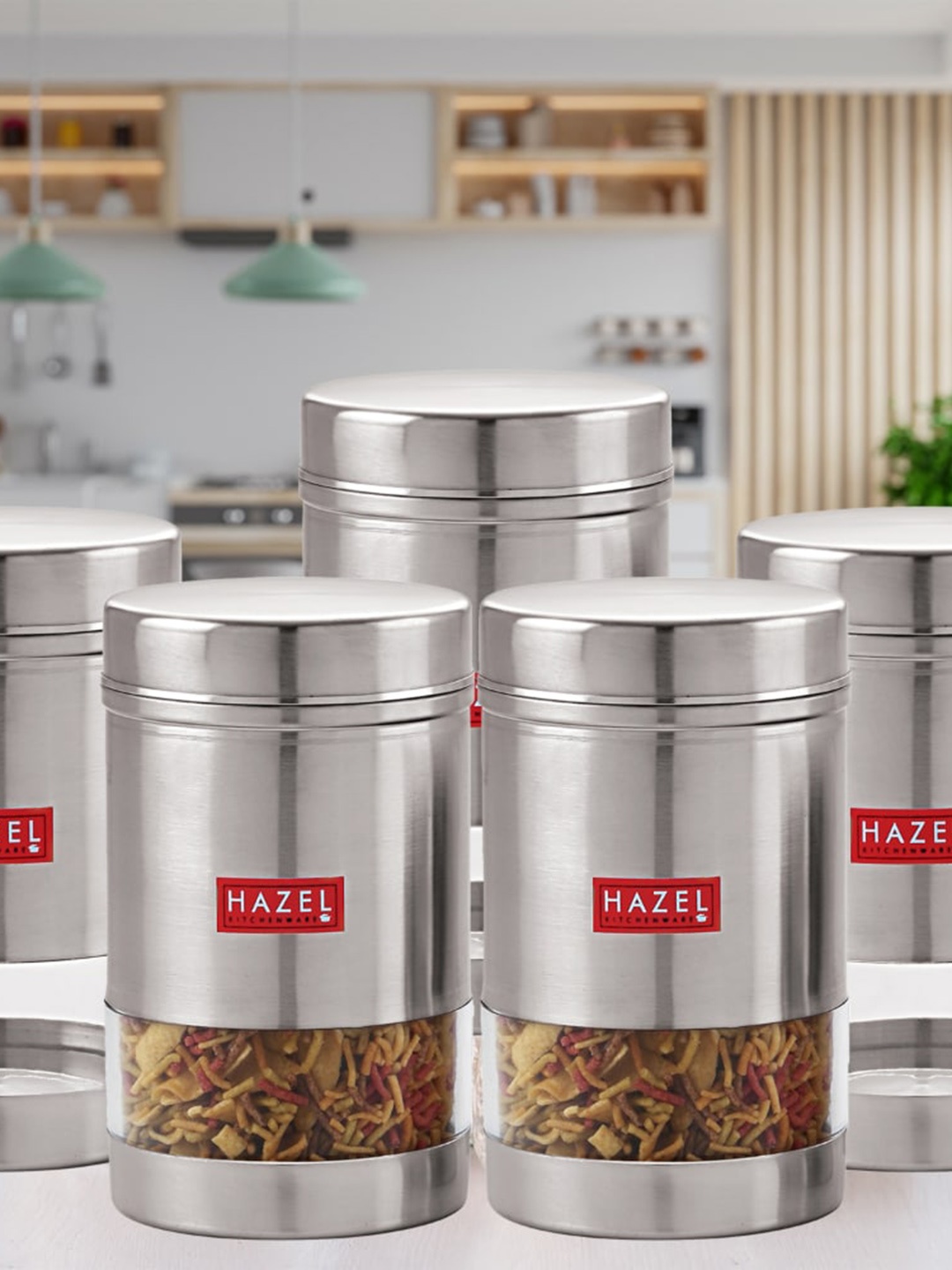 

HAZEL Set Of 5 Stainless Steel See-Through Storage Jars 1.2 L, Silver