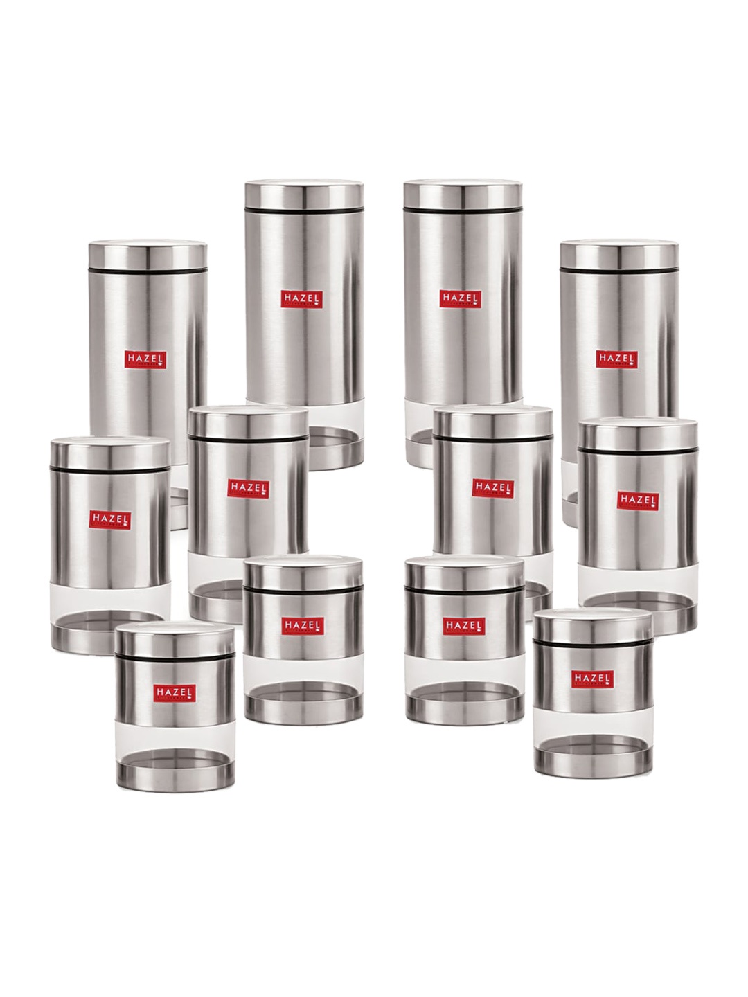 

HAZEL Set of 12 Silver Stainless Steel See Through Kitchen Storage Jars