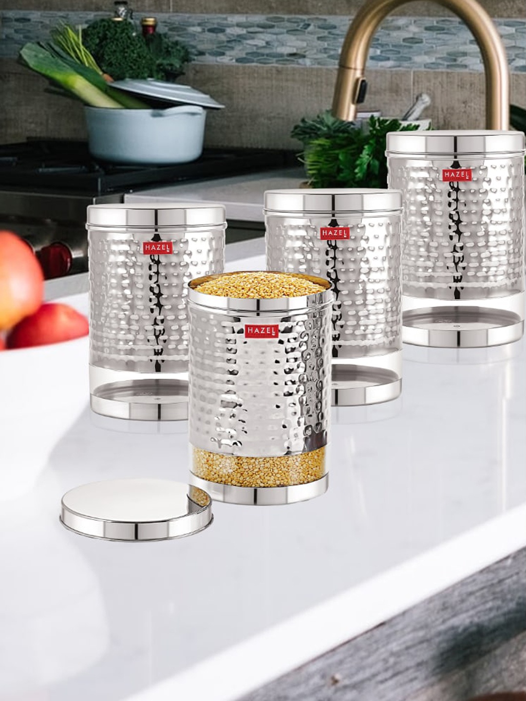 

HAZEL Set Of 4 Stainless Steel See Through Storage Jar 1.9 L Each, Silver