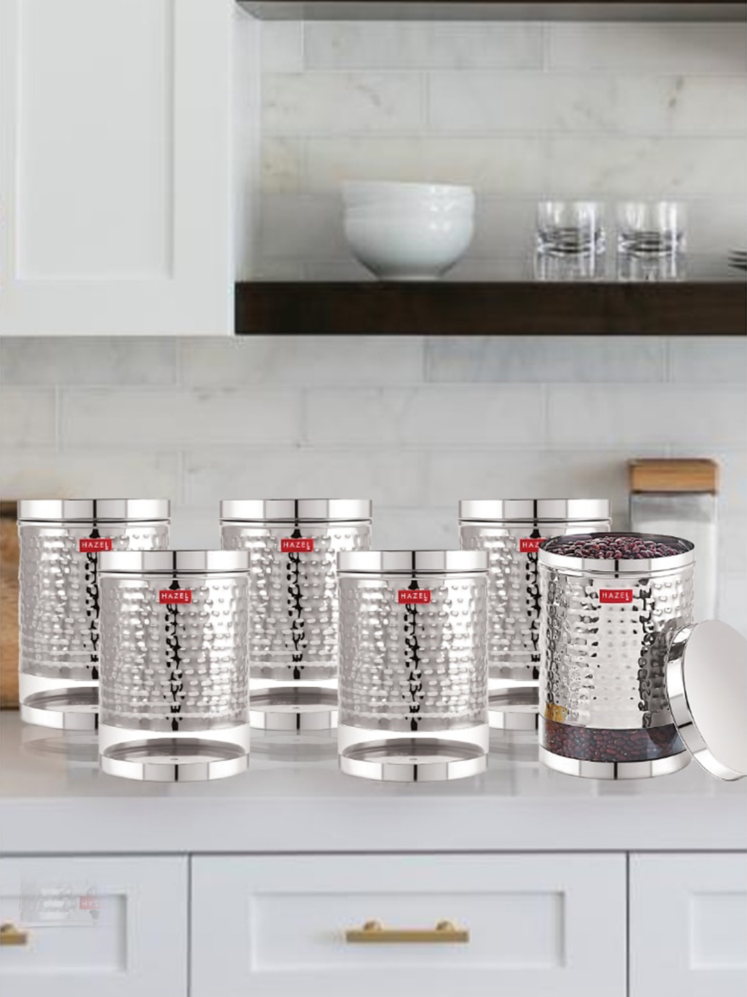 

HAZEL Set Of 6 Stainless Steel See Through Storage Jars 2.5 L Each, Silver