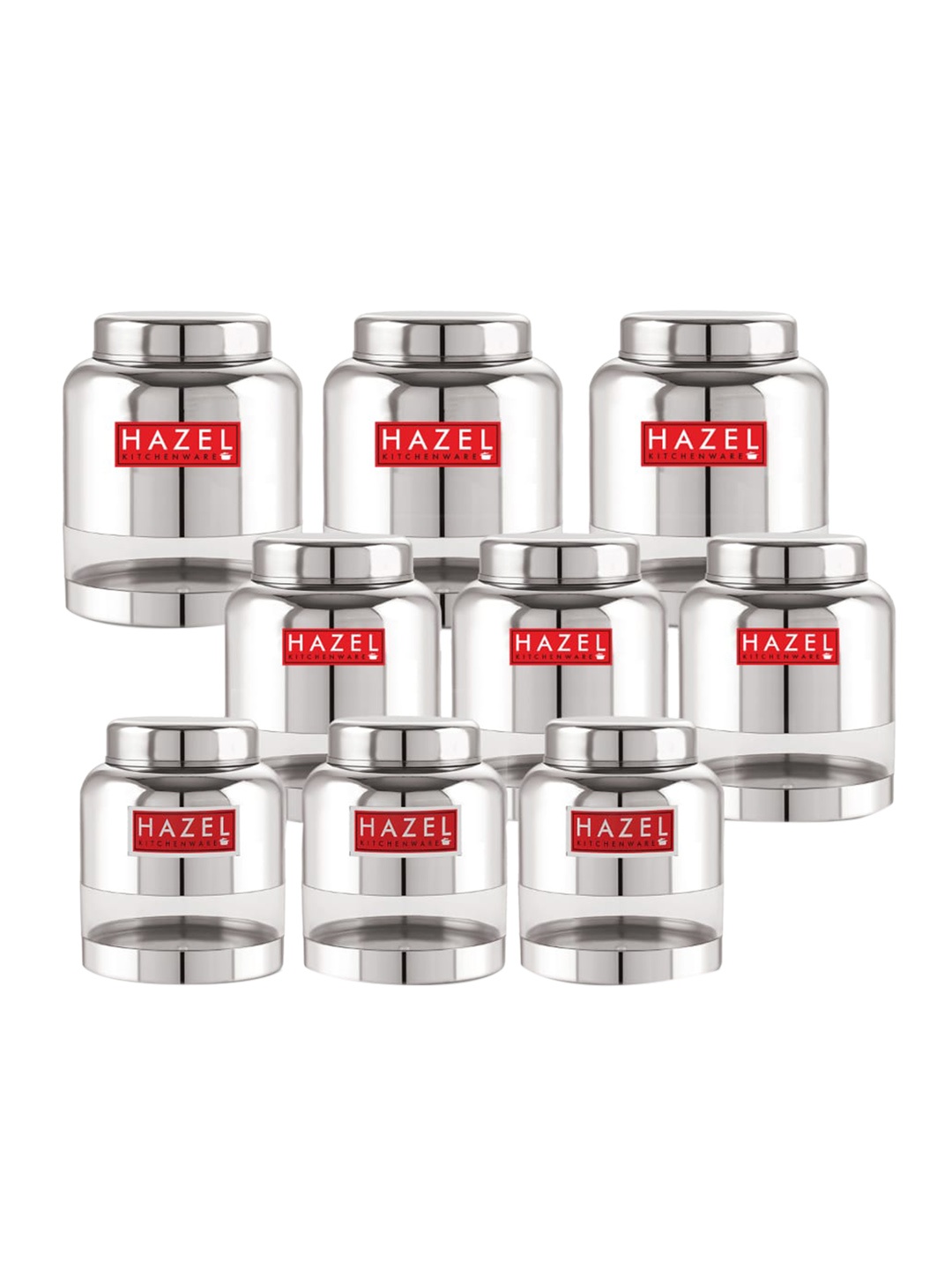 

HAZEL Set of 9 Stainless Steel See Through Kitchen Storage Jars, Silver