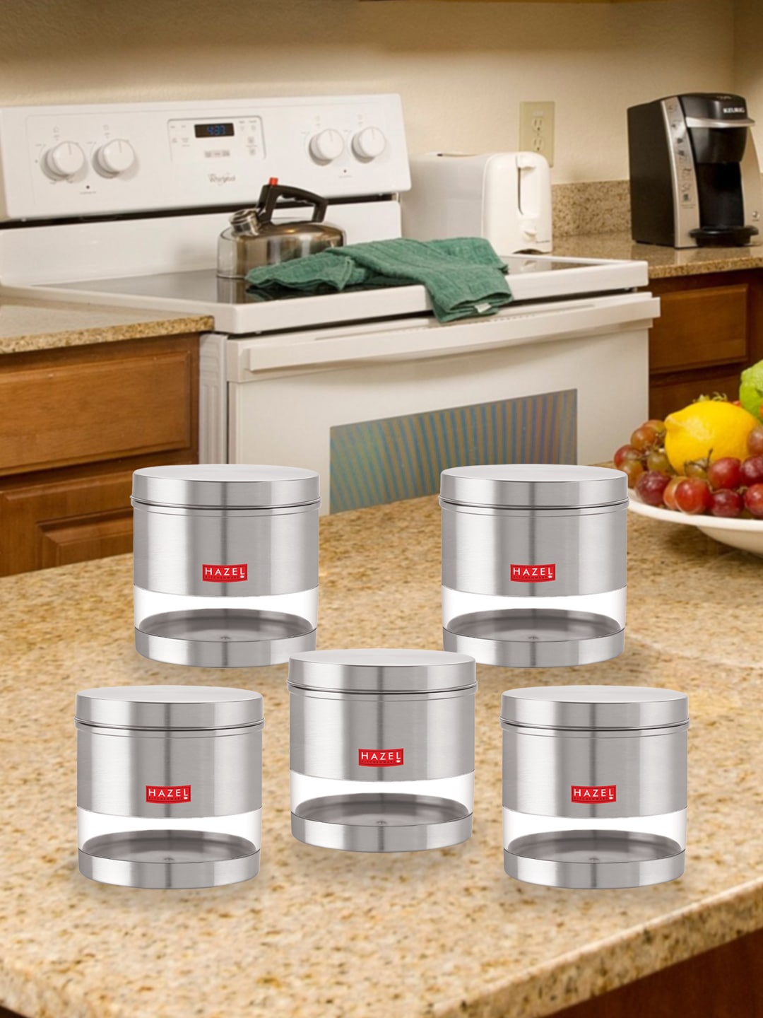 

HAZEL Set Of 5 Stainless Steel See Through Containers Jars 1.5 L Each, Silver