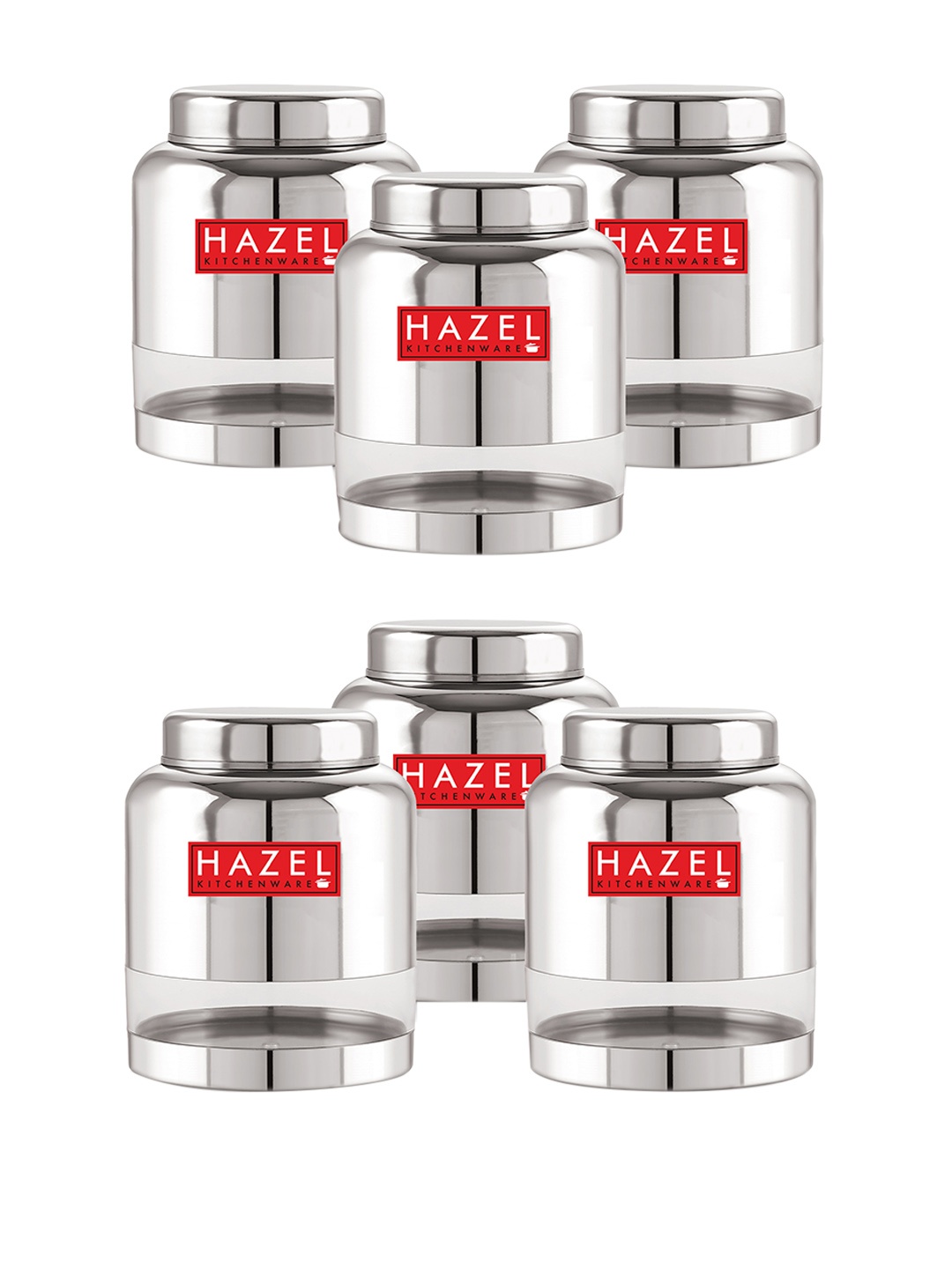 

HAZEL Set Of 6 Stainless Steel Glossy Airtight See Through Food Container 2 L Each, Silver