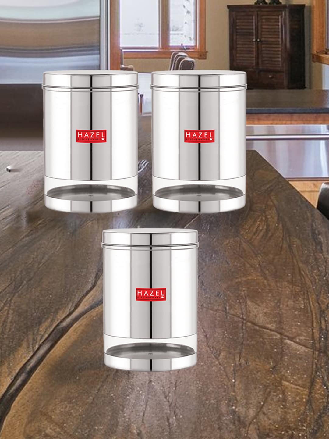 

HAZEL Set of 3 Stainless Steel See-Through Storage Jars 3L Each, Silver
