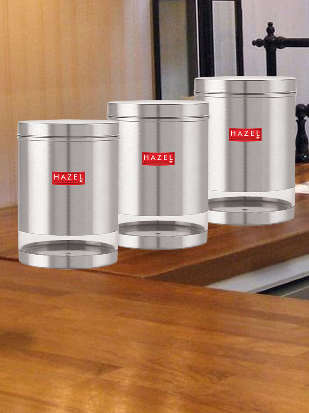 

HAZEL Set Of 3 Stainless Steel See Through Storage Jars 3 L Each, Silver