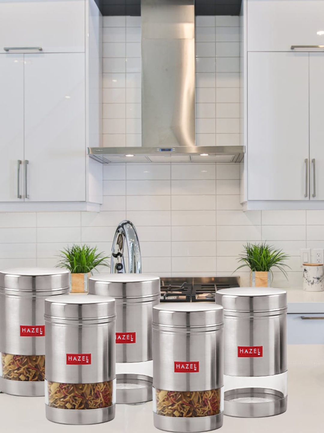 

HAZEL Set Of 5 Stainless Steel Storage Jars 1.7 L Each, Silver