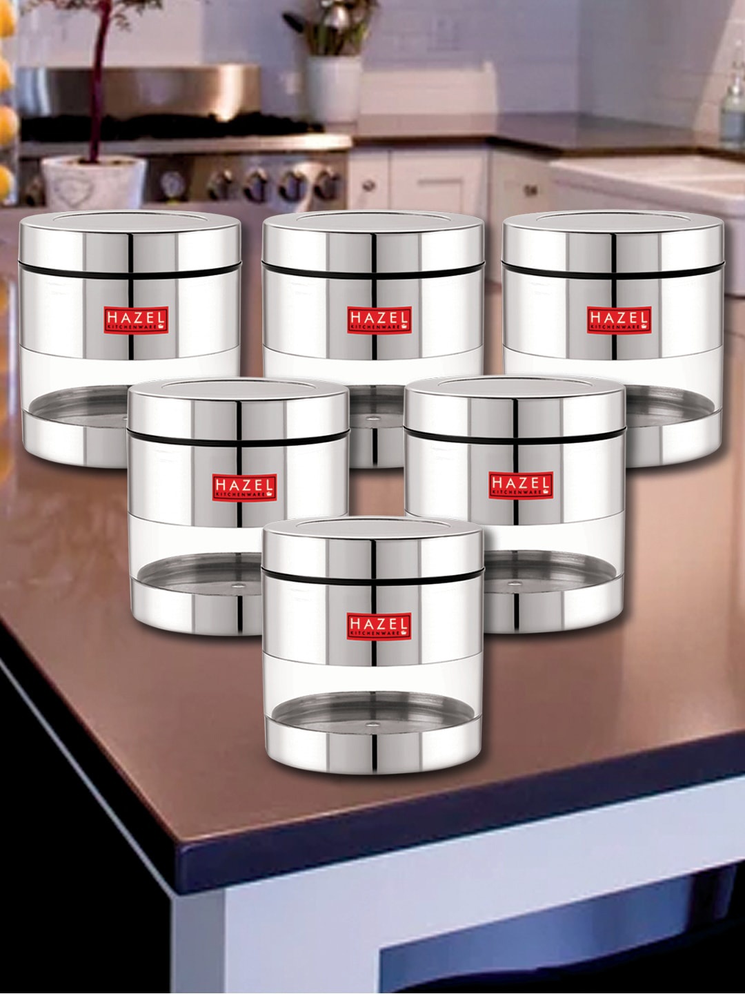 

HAZEL Set Of 6 Stainless Steel See Through Storage Jars 600 ML Each, Silver