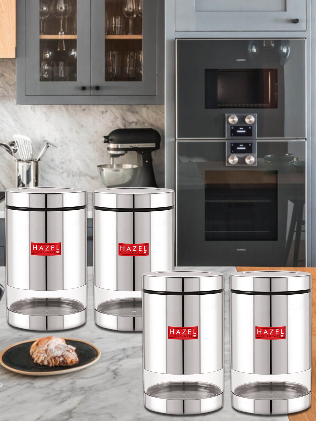 

HAZEL Set Of 4 Transparent & Stainless Steel Kitchen Storage Jars 1L Each, Silver