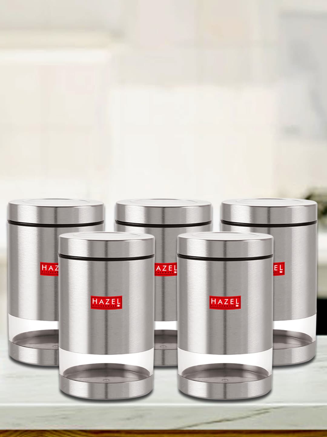 

HAZEL Set of 5 Stainless Steel See Through Storage Containers 1 L Each, Silver