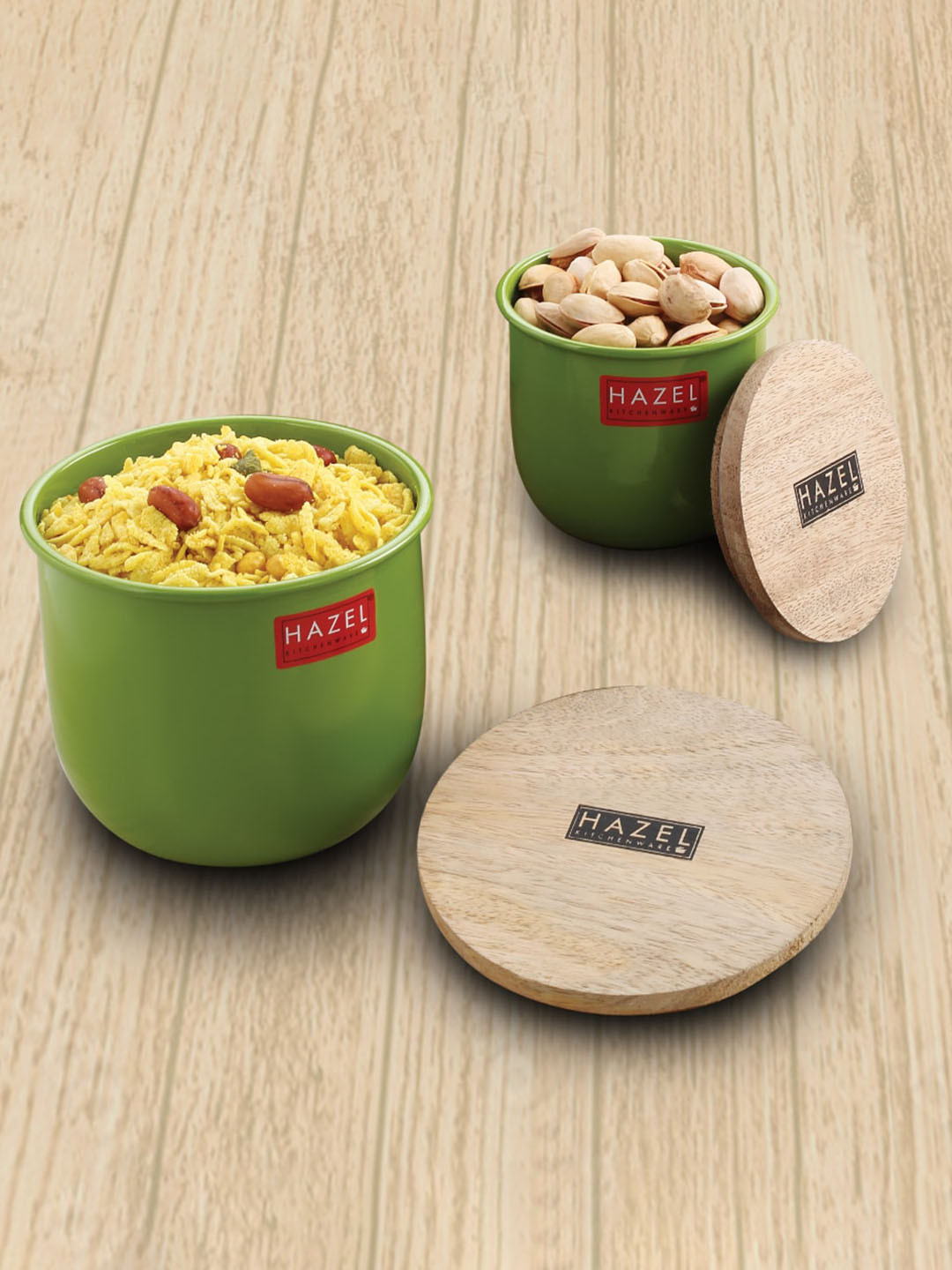 

HAZEL Set of 2 Green Metal Kitchen Storage with Wooden Lid