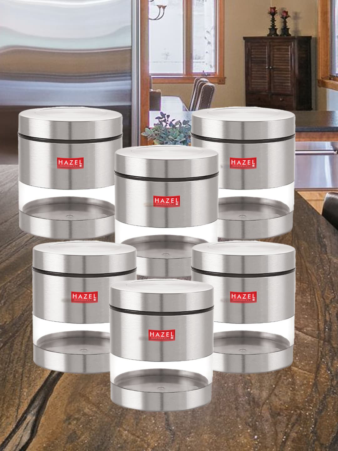 

HAZEL Set Of 6 Stainless Steel Transparent See Through Kitchen Storage Jars 800 ML Each, Silver