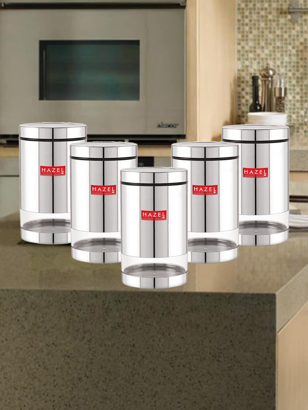 

HAZEL Set of 6 Stainless Steel Transparent See Through Kitchen Storage Jars 1.3 L Each, Silver