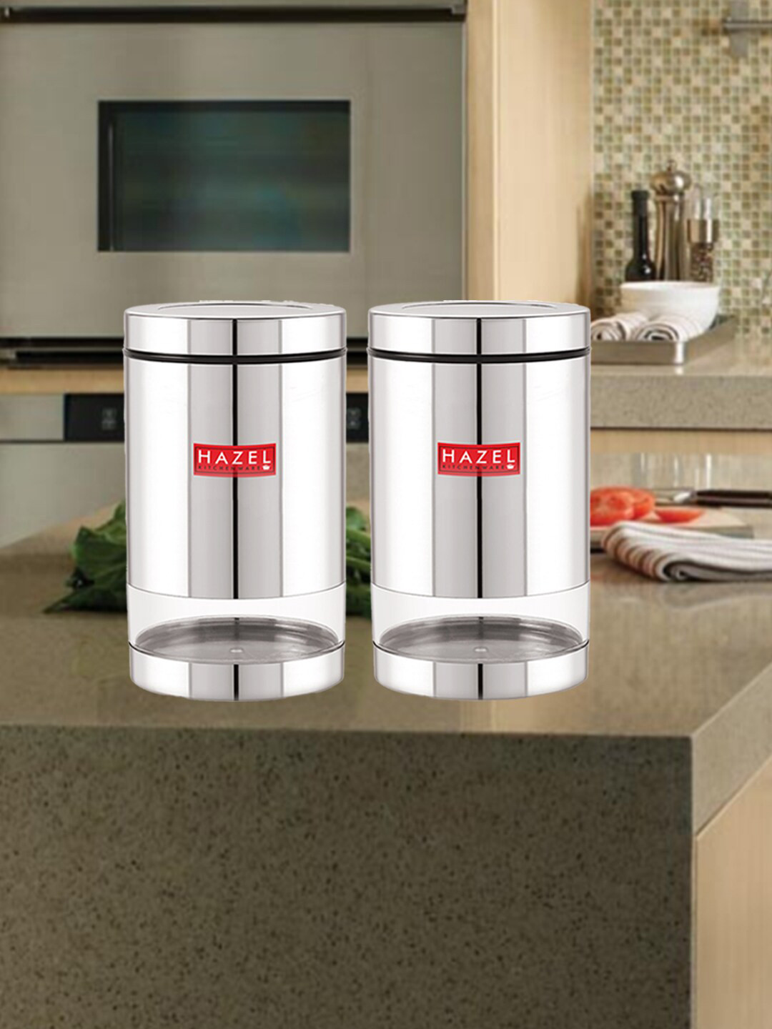

HAZEL Set Of 3 Stainless Steel See Through Storage Jars 1.3 L Each, Silver