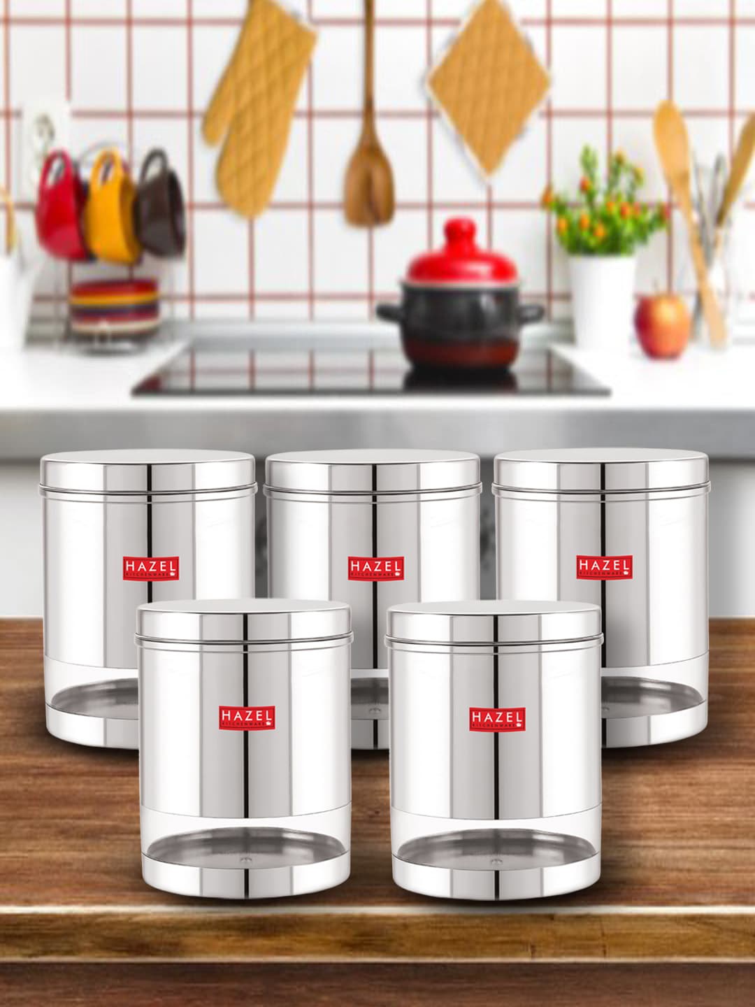 

HAZEL Set Of 5 Stainless Steel See Through Storage Jars 1.9 L Each, Silver