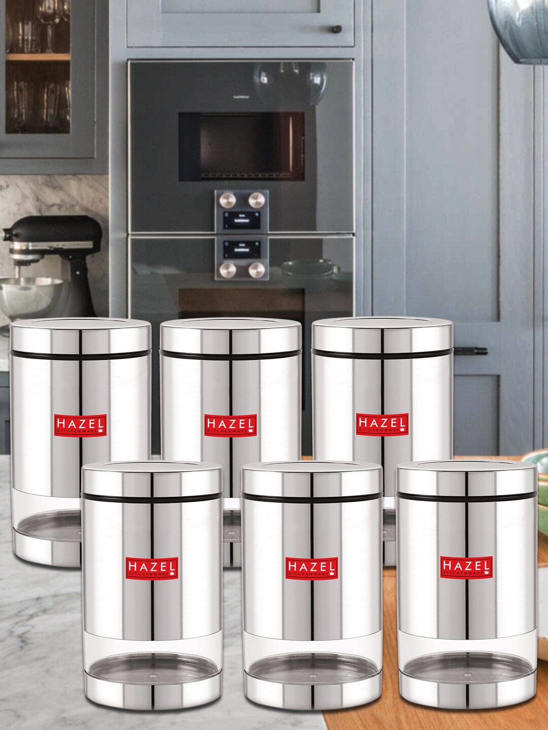 

HAZEL Set Of 6 Transparent & Stainless Steel Kitchen Storage Jars 1L Each, Silver