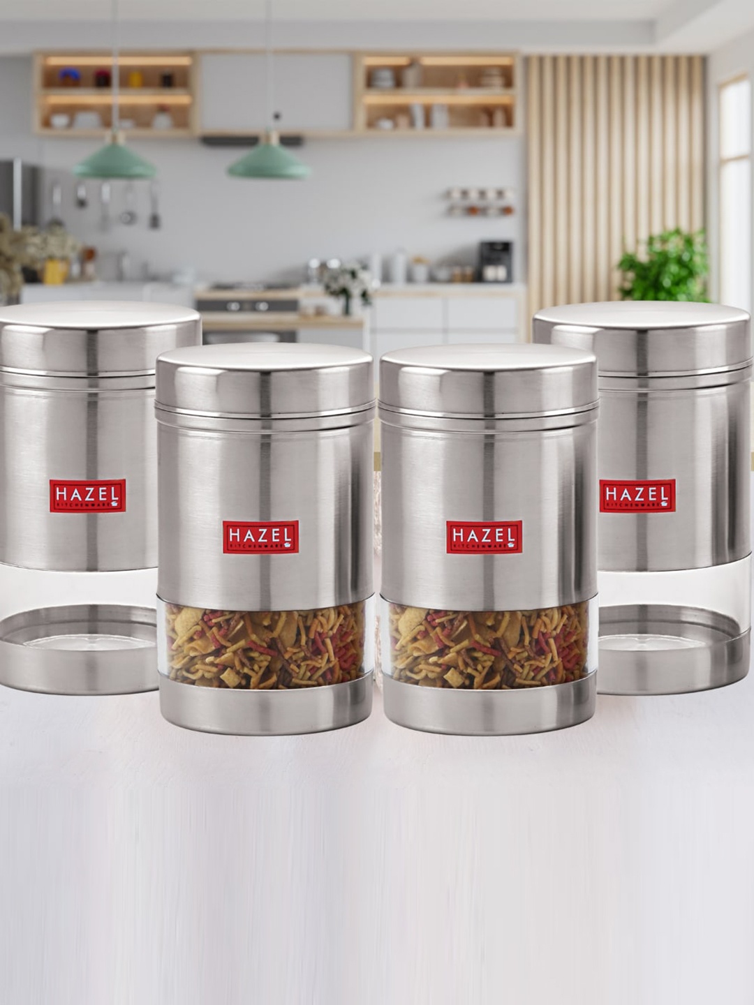 

HAZEL Set Of 4 Stainless Steel Containers Jars 1.2 L Each, Silver
