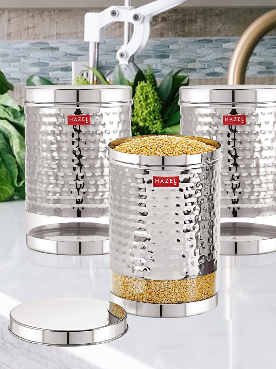 

HAZEL Set Of 3 Transparent Textured & Stainless Steel Kitchen Storage Jars 1.9 L Each, Silver