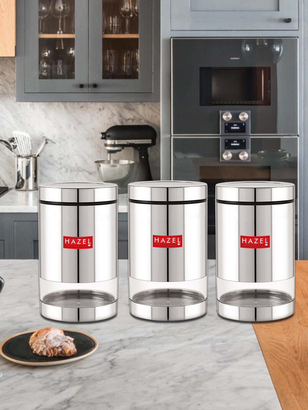 

HAZEL Set Of 3 Stainless Steel Storage Jars 1L Each, Silver