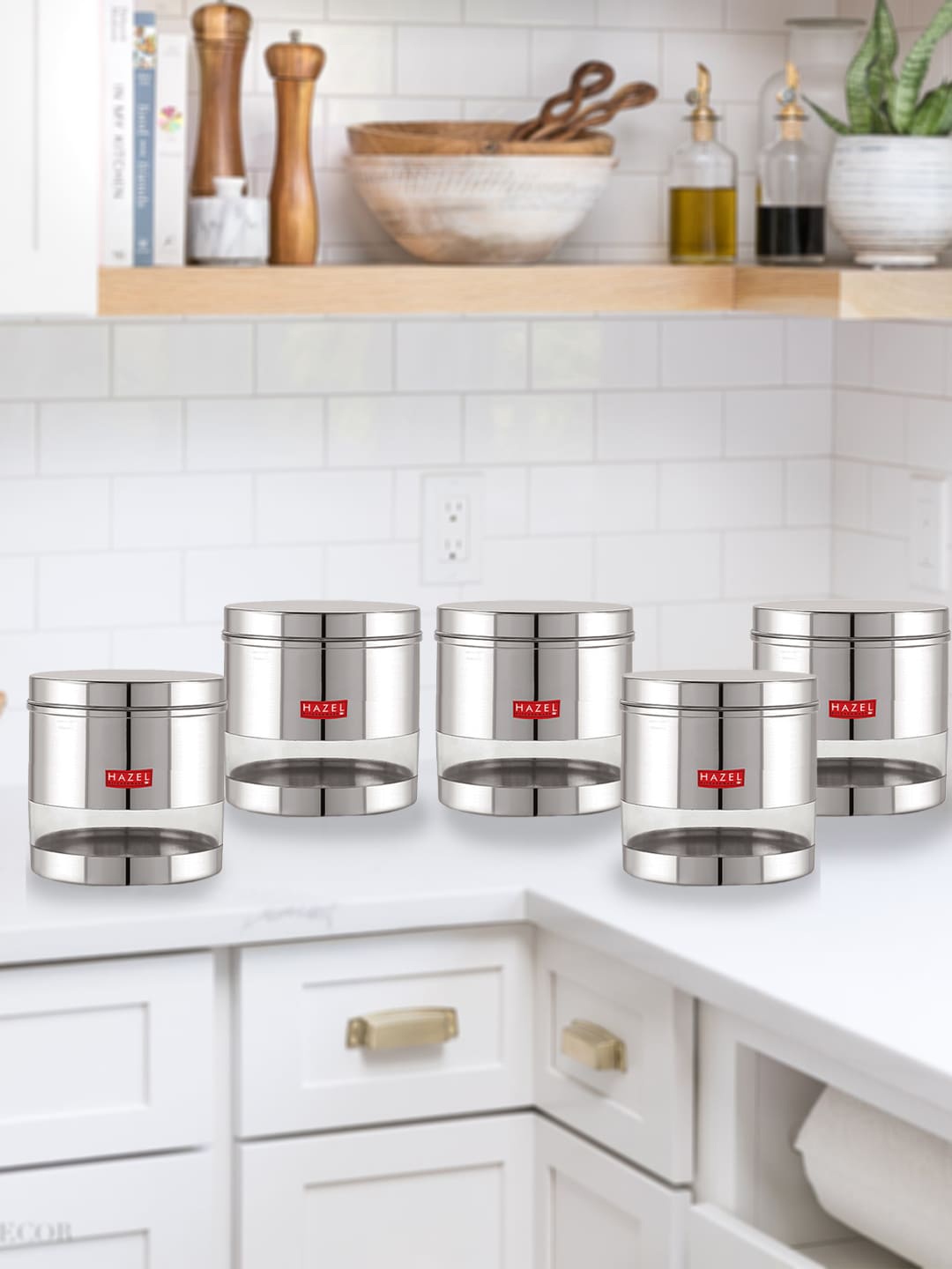 

HAZEL Set Of 5 Transparent Stainless Steel Storage Jar With Lid 1.5 L Each, Silver