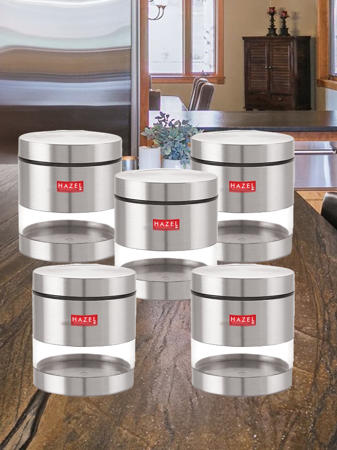 

HAZEL Set Of 5 Stainless Steel See Through Storage Jars 800 ml Each, Silver