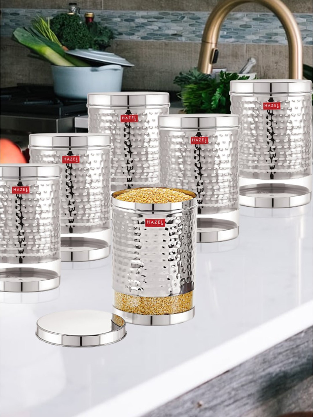 

HAZEL Set of 6 Stainless Steel See-Through Storage Containers 2.2 L Each, Silver