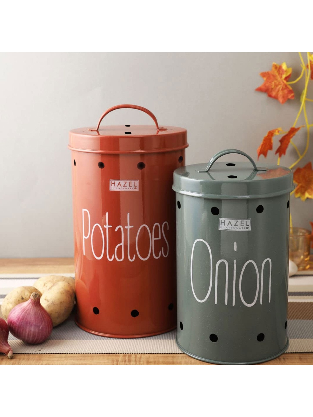 

HAZEL Rust & Grey Set Of 2 Metal Potato & Onion Kitchen Storage Jars