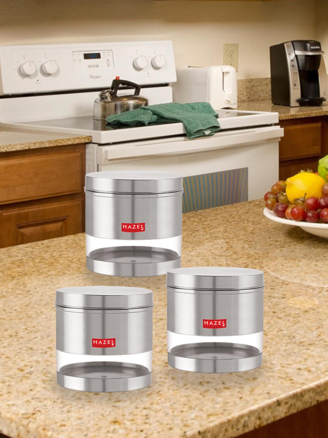 

HAZEL Set Of 3 Transparent Stainless Steel Kitchen Storage Jars 1.5Ltr Each, Silver