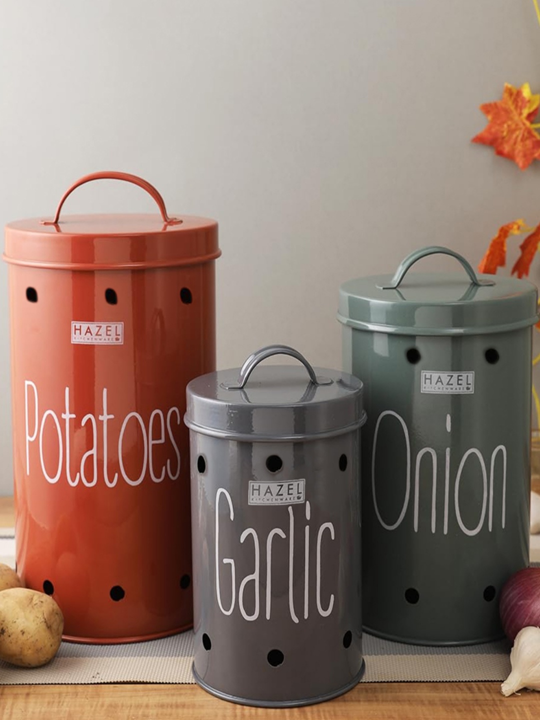 

HAZEL Pack of 3 Onion ,Potato & Garlic Labelled Storage Containers With Lid, Rust