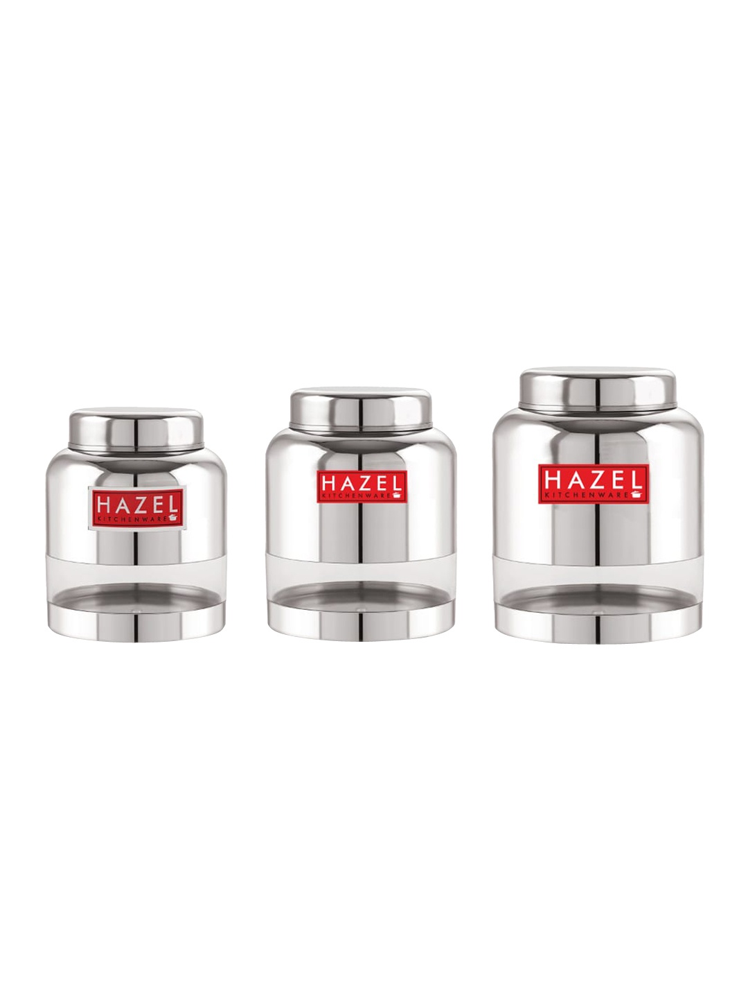 

HAZEL Set Of 3 Transparent Stainless Steel Storage Jars With Lids, Silver