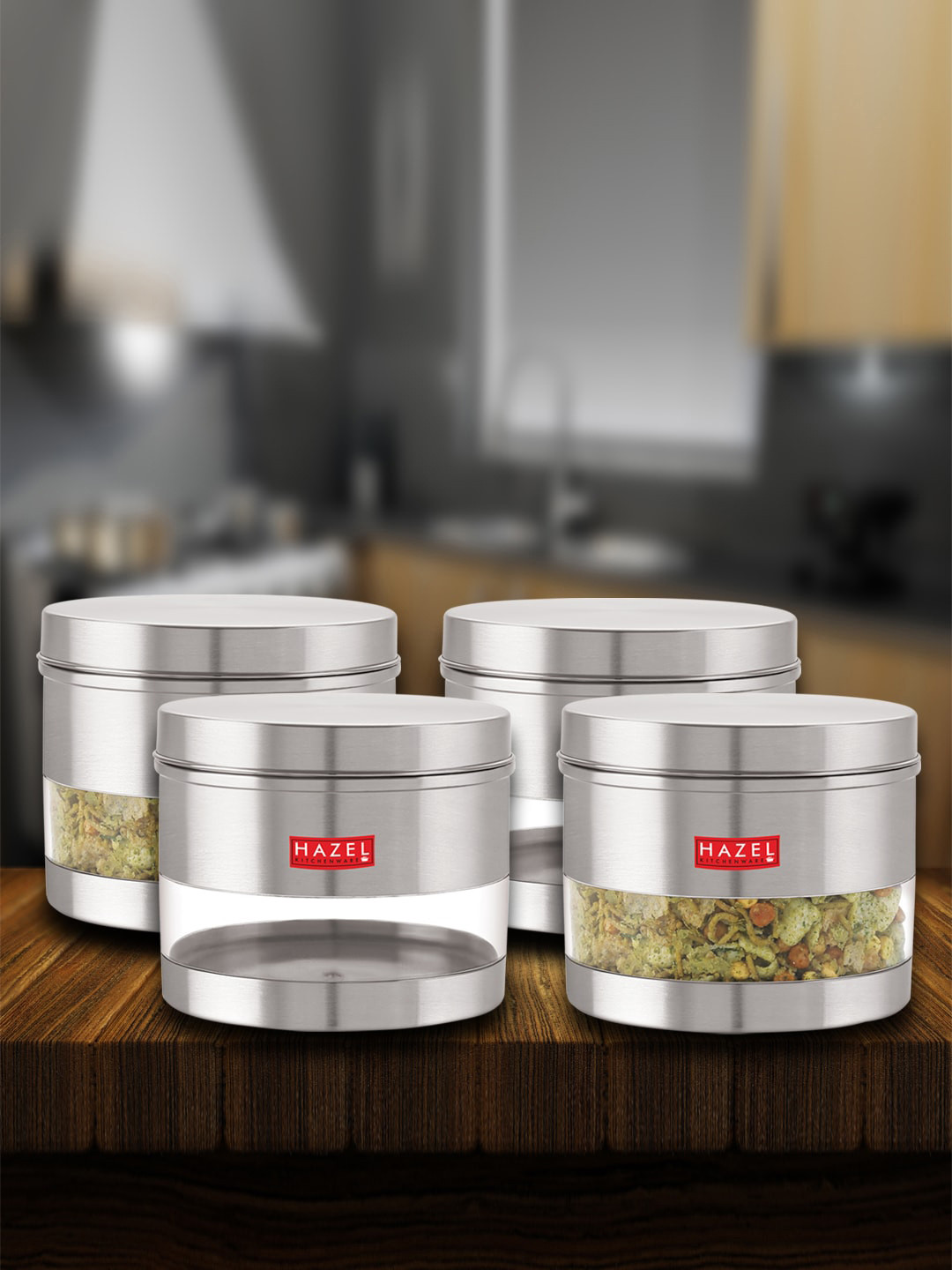 

HAZEL Set Of 4 Transparent Stainless Steel Kitchen Storage Jar 1.1Ltr Each, Silver