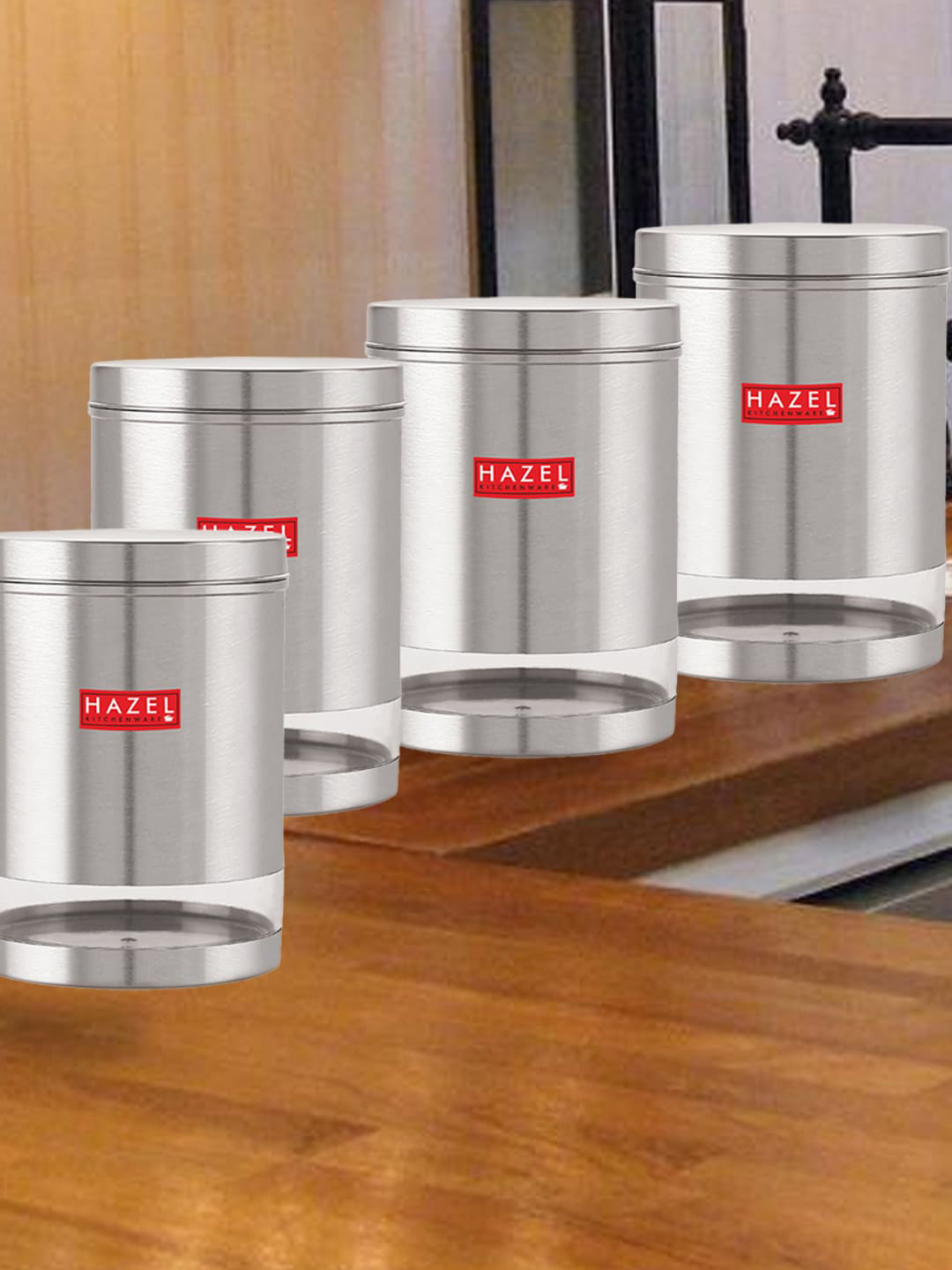 

HAZEL Set Of 4 Transparent Stainless Steel Kitchen Storage Jar 3 L Each, Silver