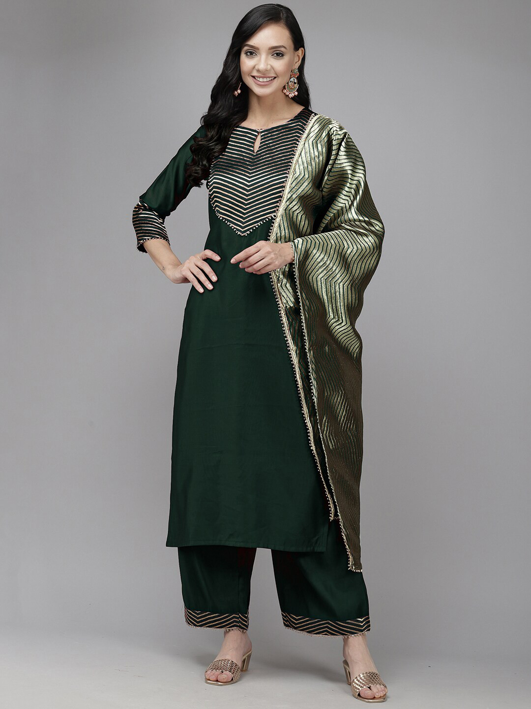

Indo Era Women Yoke Design Kurta with Palazzos & With Dupatta, Green