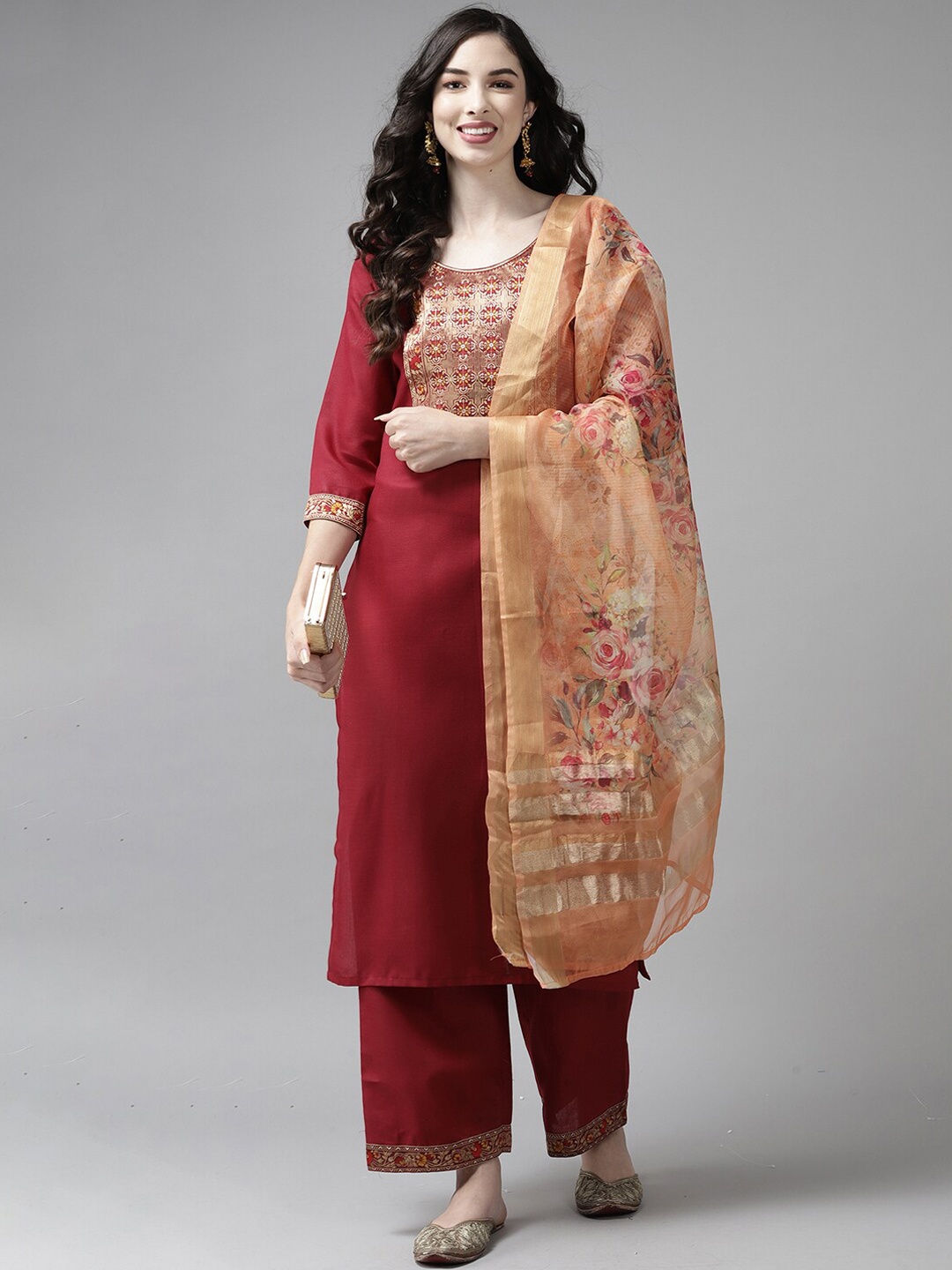 

Indo Era Women Floral Yoke Design Kurta with Palazzos & With Dupatta, Maroon