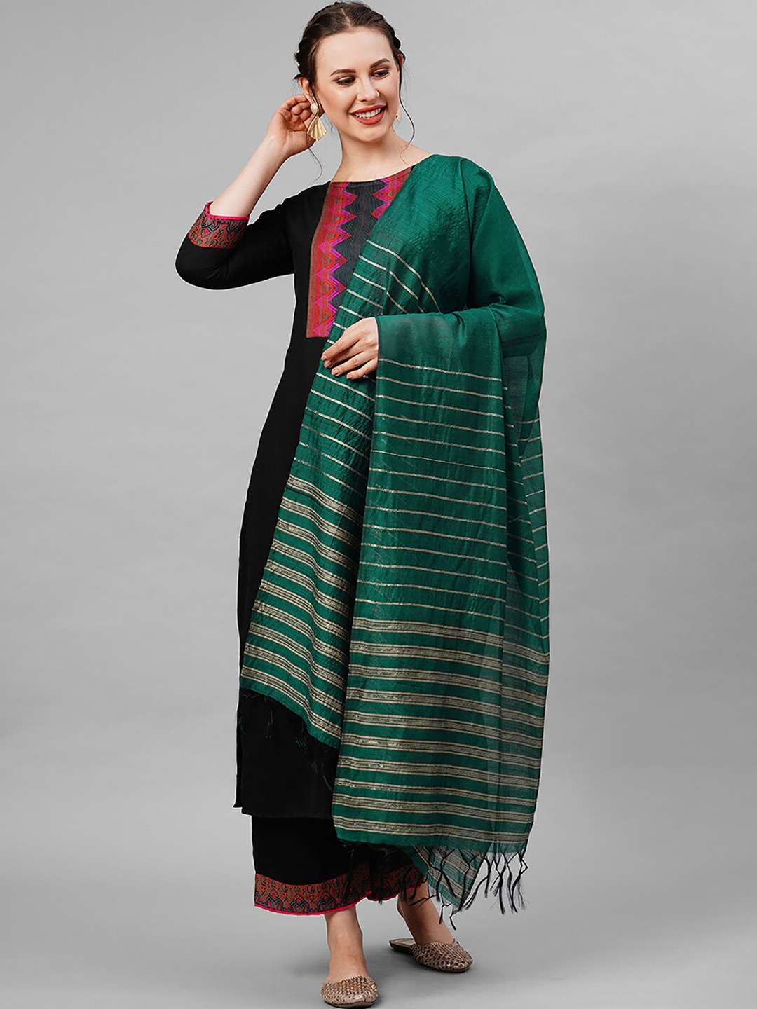 

Indo Era Women Printed Kurta with Palazzos & With Dupatta, Black