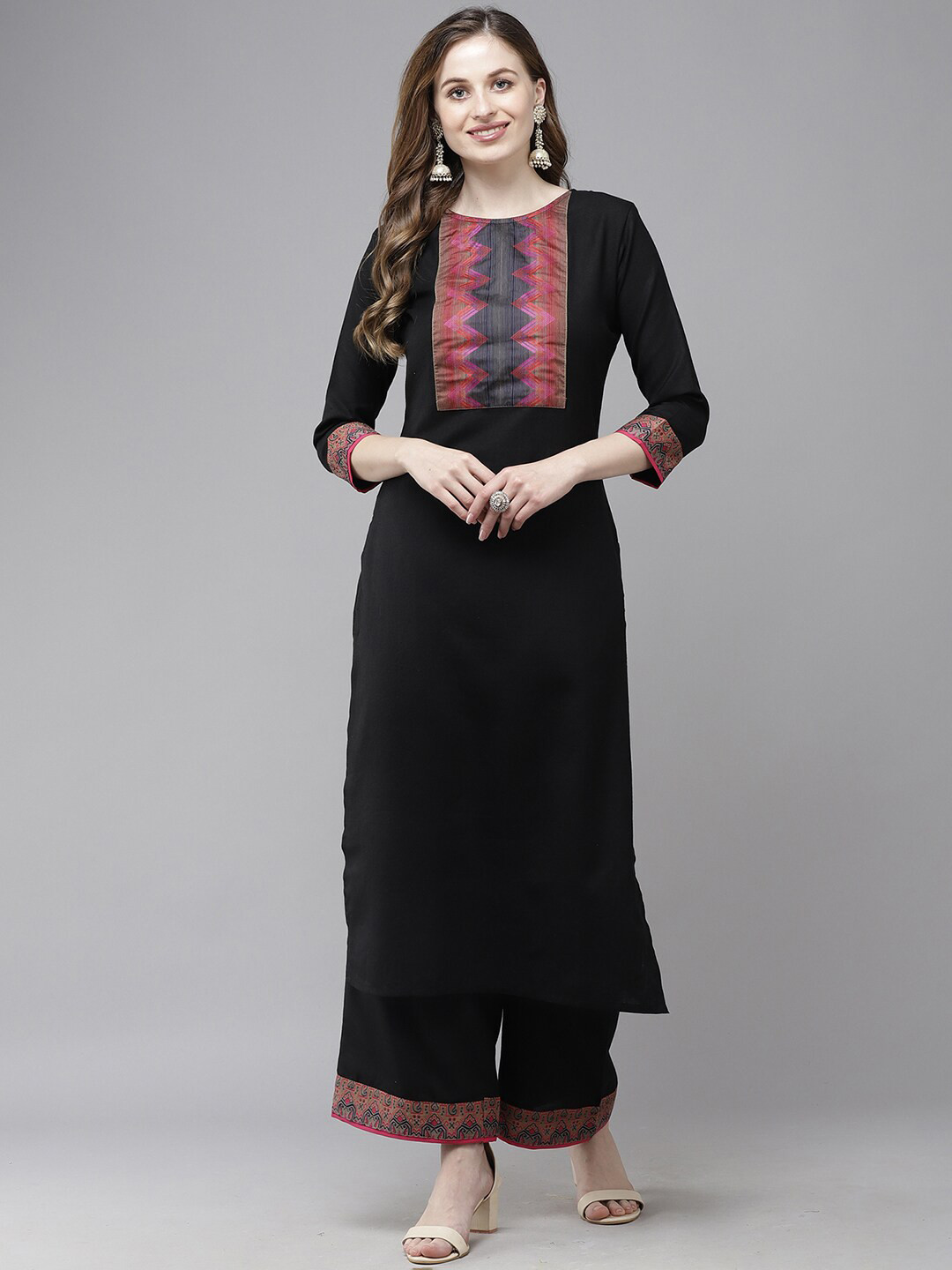 

Indo Era Women Printed Pure Cotton Kurta with Palazzos, Black