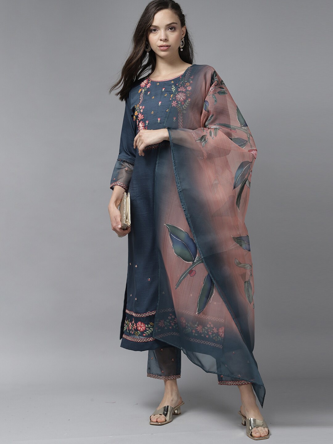 

Indo Era Women Floral Embroidered Kurta with Trousers & With Dupatta, Blue