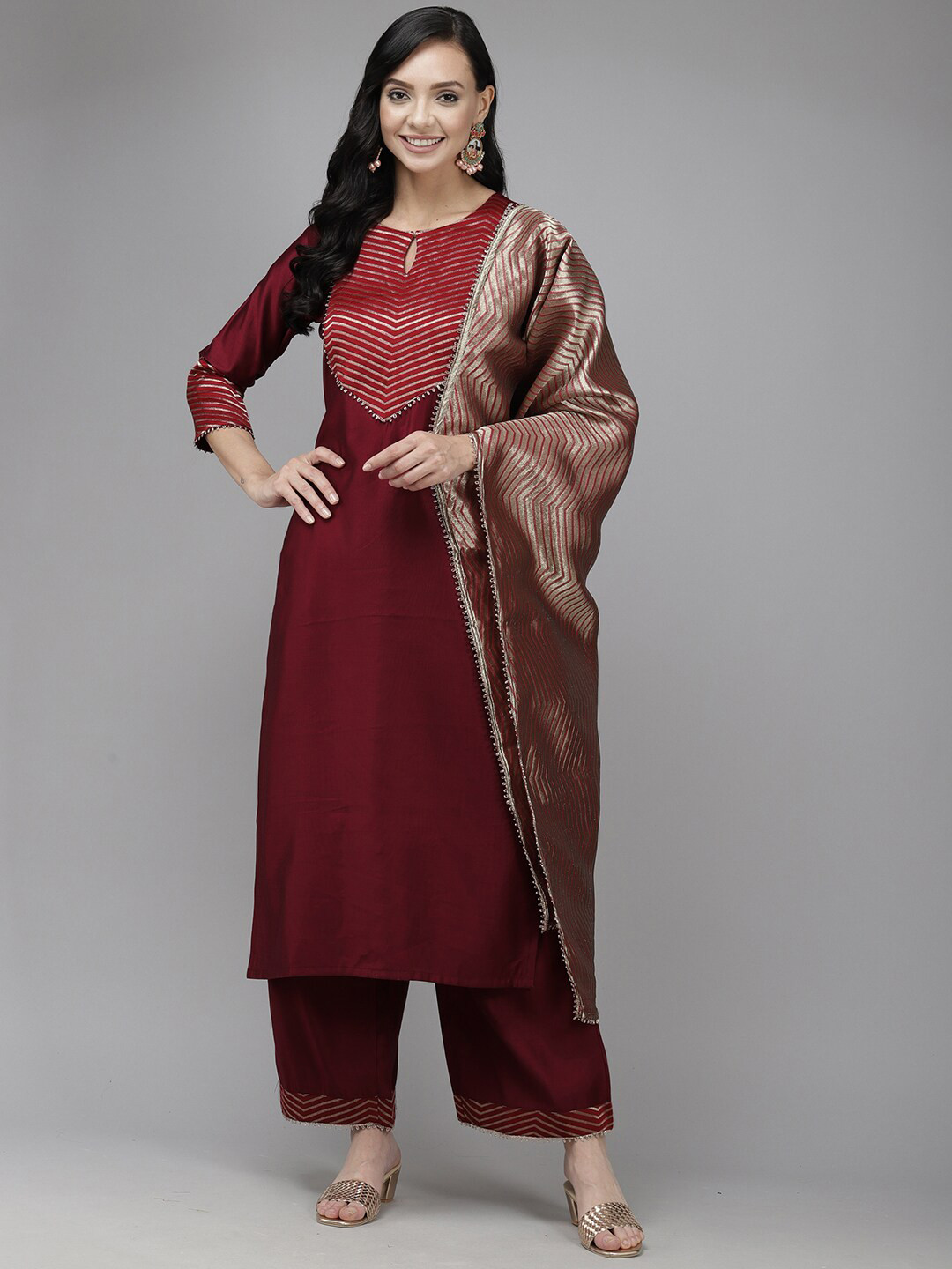 

Indo Era Women Yoke Design Kurta with Palazzos & With Dupatta, Red