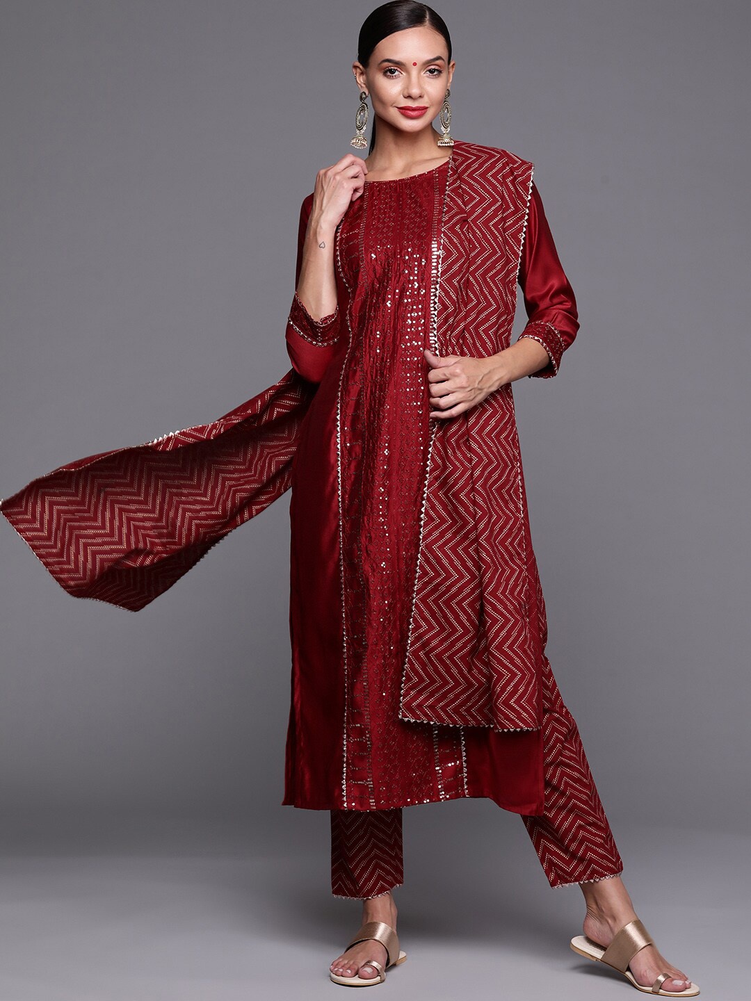 

Indo Era Women Red Ethnic Motifs Embroidered Sequinned Kurta with Trousers & With Dupatta