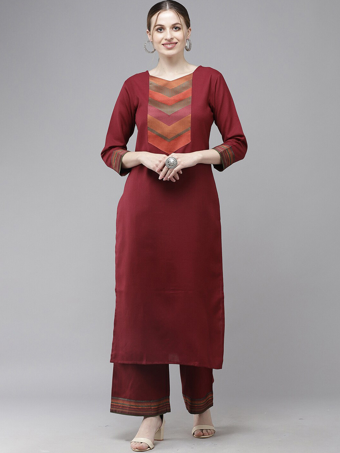 

Indo Era Women Yoke Design Patchwork Pure Cotton Kurta with Palazzos, Red