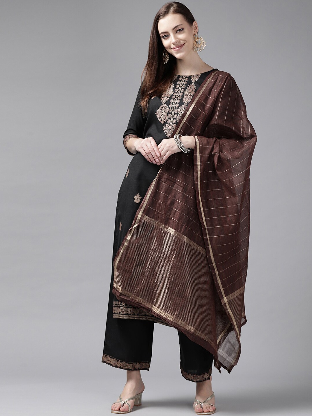 

Indo Era Women Ethnic Printed Cotton Kurta with Palazzos & Dupatta, Black