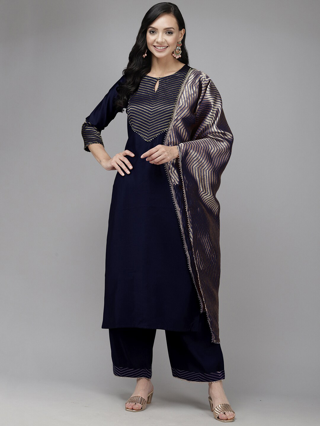 

Indo Era Women Yoke Design Kurta with Palazzos & Dupatta, Navy blue