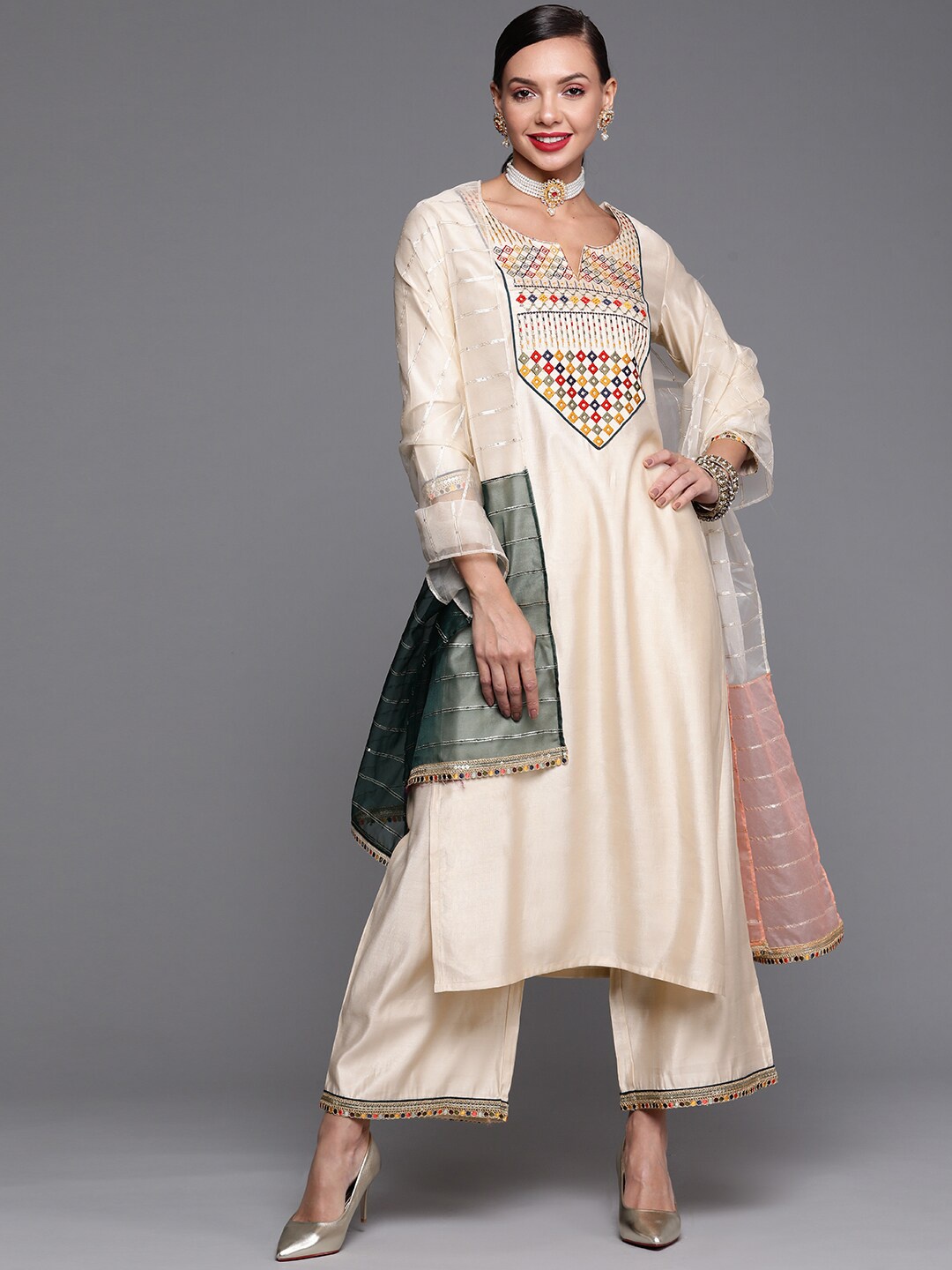 

Indo Era Women Embroidered Thread Work Cotton Kurta with Palazzos & Dupatta, Off white